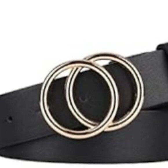 Black Faux Leather Women's Belt w Gold Double O Ring Closure Size M EUC - Picture 1 of 4